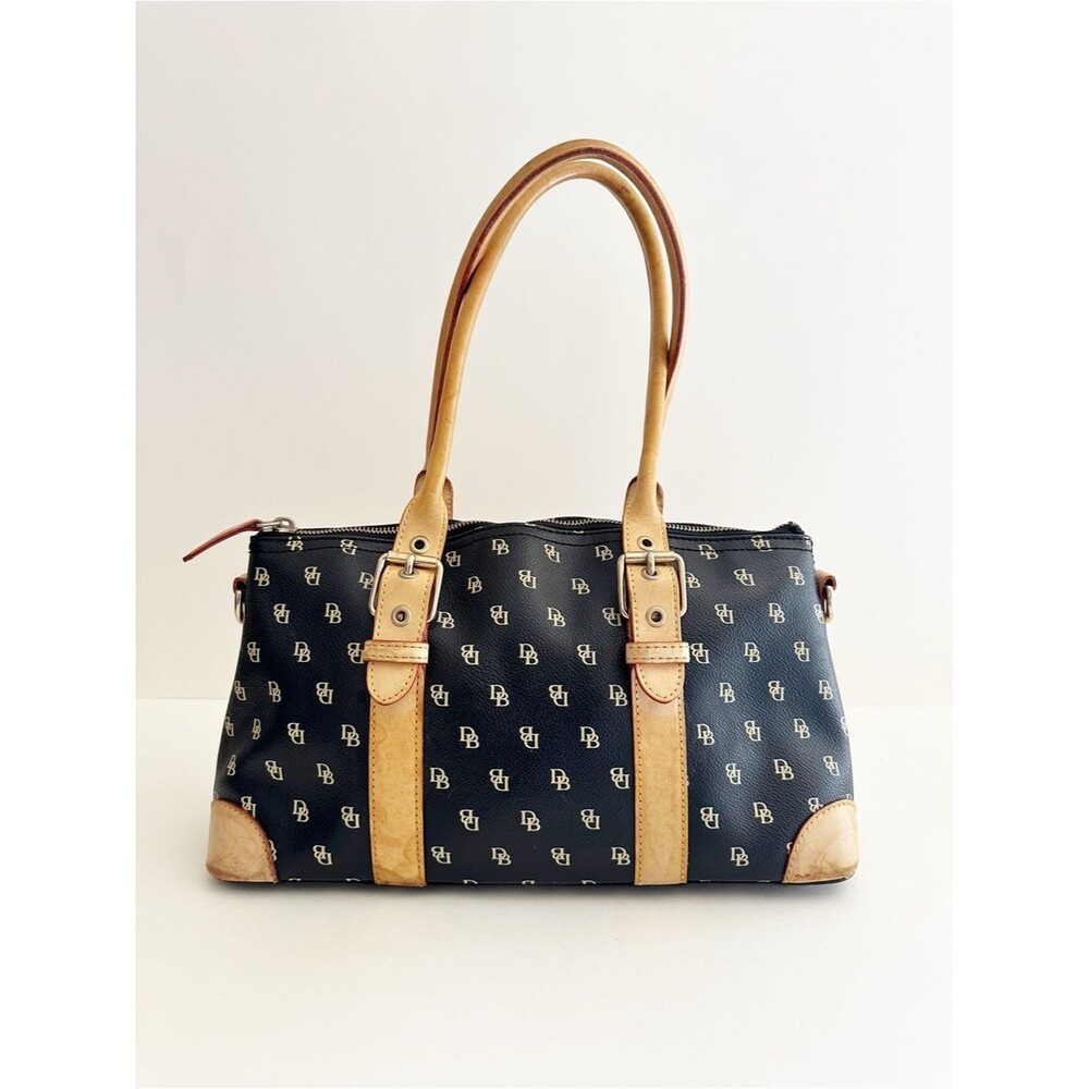 Dooney & Bourke y2k Black Boston Monogram Tan Leather Trim Satchel